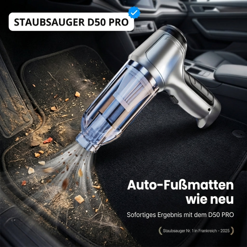 D50 Pro saugt Krümel und Sand aus der Auto-Fußmatte