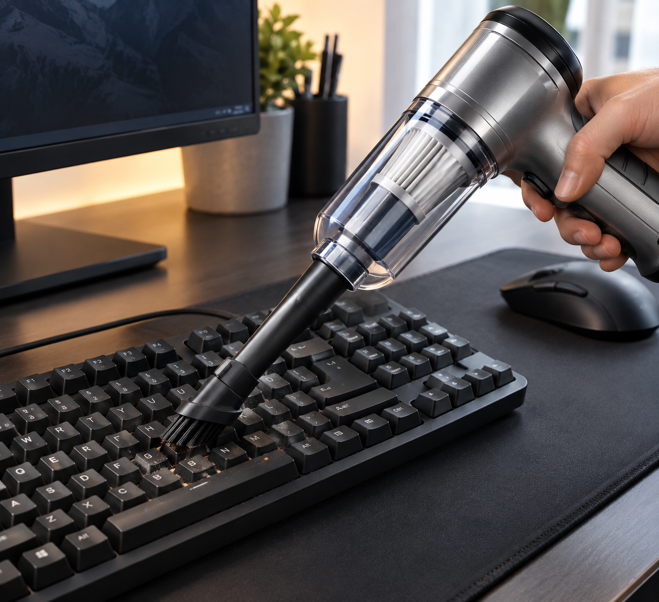 D50 Pro reinigt Staub und Krümel aus einer Computertastatur