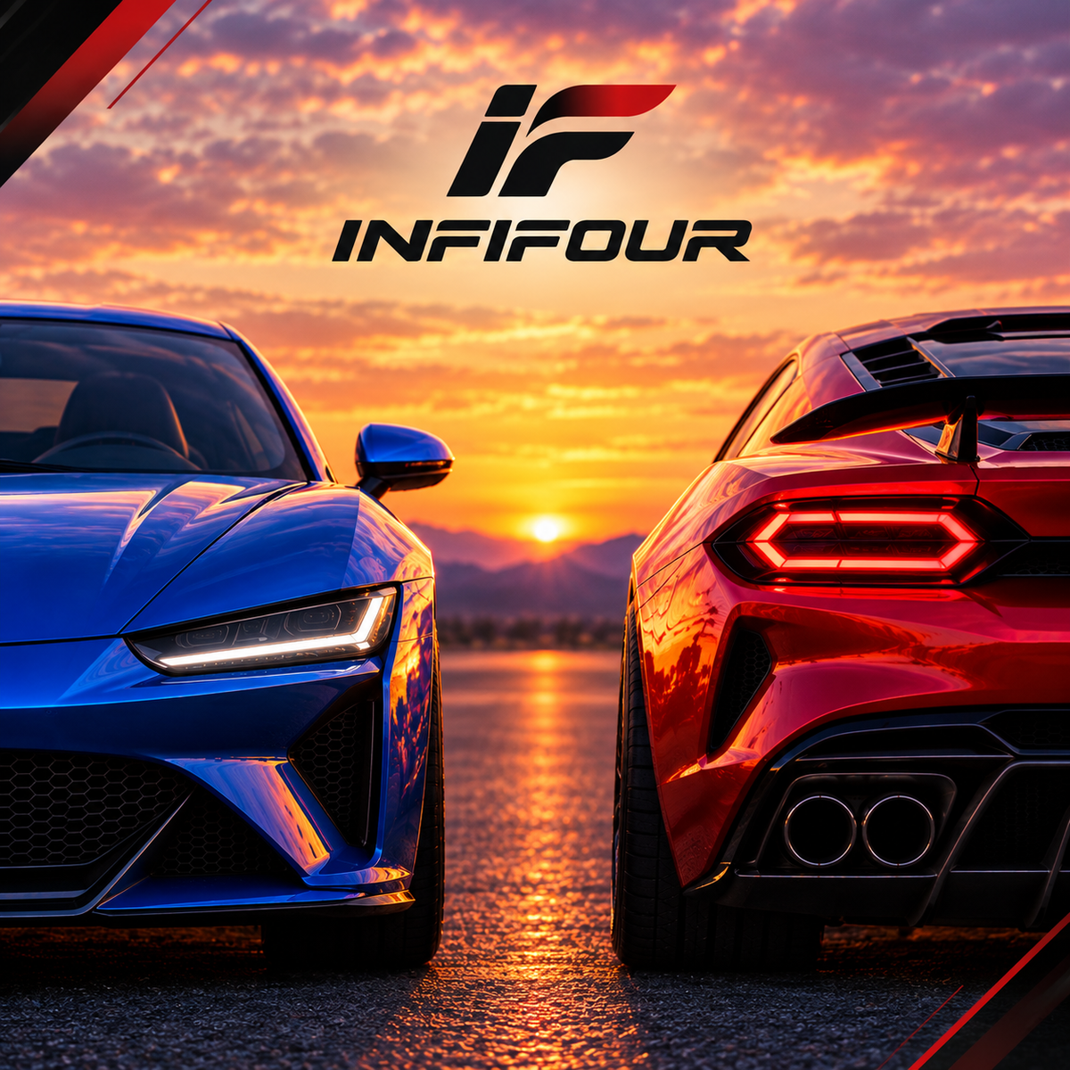 InfiFour – zwei Sportwagen bei Sonnenuntergang mit Logo